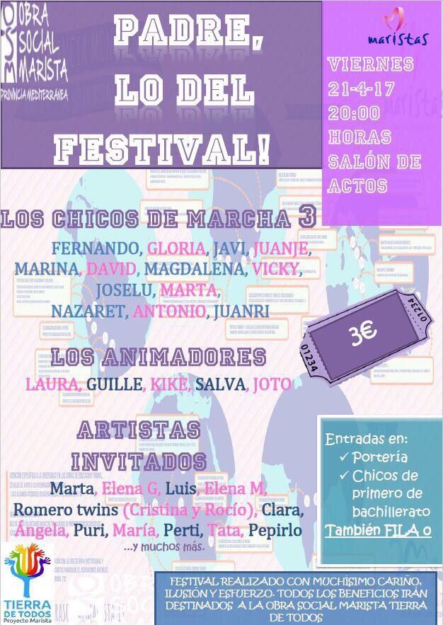 MaristasGranada's tweet photo. Este viernes #marcha3 lo va a dar todo en el festival de solidaridad no te lo pierdas! Entradas en Portería @OSocialMarista https://t.co/v2HRO8F6ea
