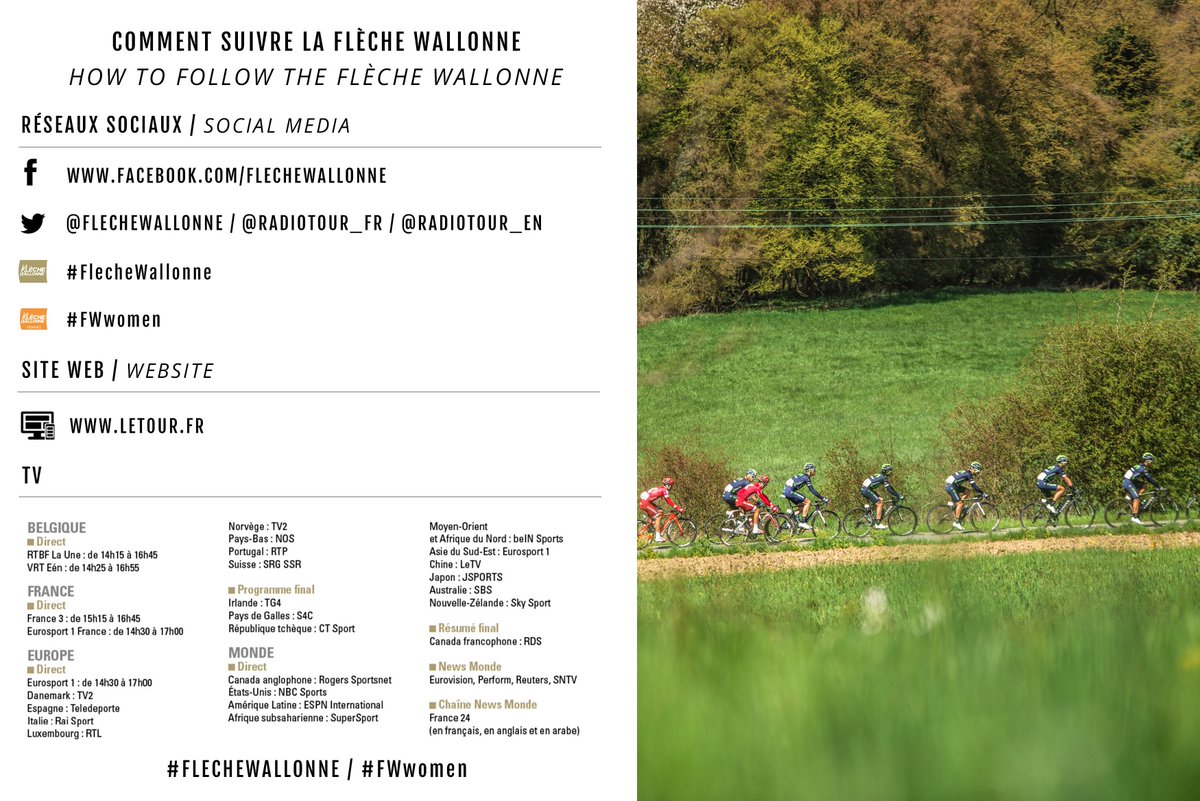 Comment suivre/How to follow <a href="/FlecheWallonne/">La Flèche Wallonne</a>? 
📱<a href="/FlecheWallonne/">La Flèche Wallonne</a>
🚴#FlecheWallonne 🚴‍♀️#FWwomen
💻 letour.fr 
📺 RTBF / France TV