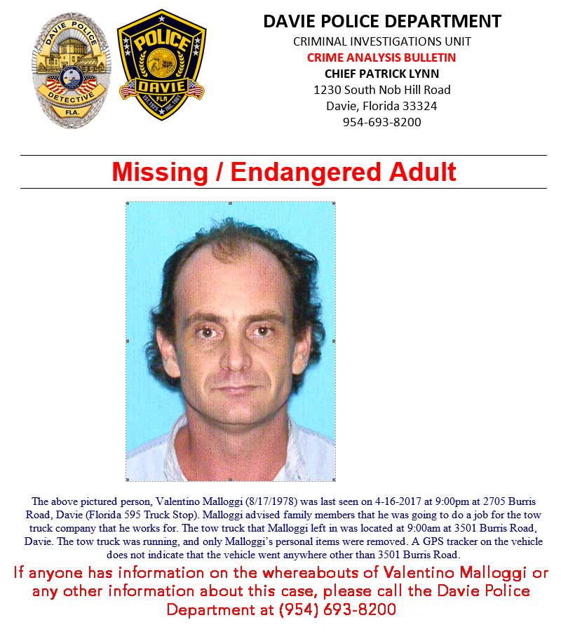 We are looking for this missing adult. If you have any info about the whereabouts of Valentino Malloggi call #DaviePolice 954-693-8200