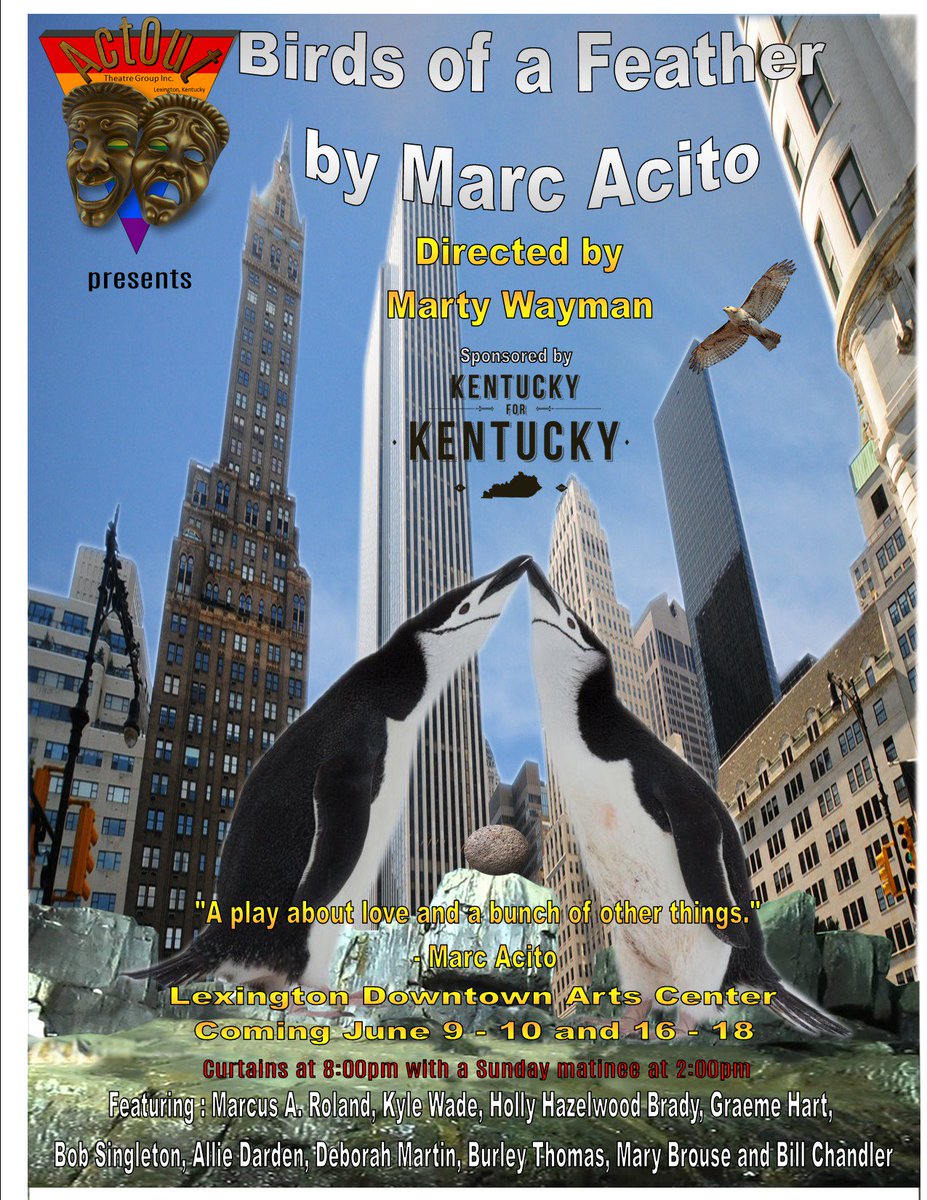 ActOutLex's tweet photo. ActOut Theatre Group announces BIRDS OF A FEATHER by Marc Acito Downtown Arts Center, June 9 -10 and 16 - 18, 2017
Directed by Marty Wayman. https://t.co/rzXJxNxLKP