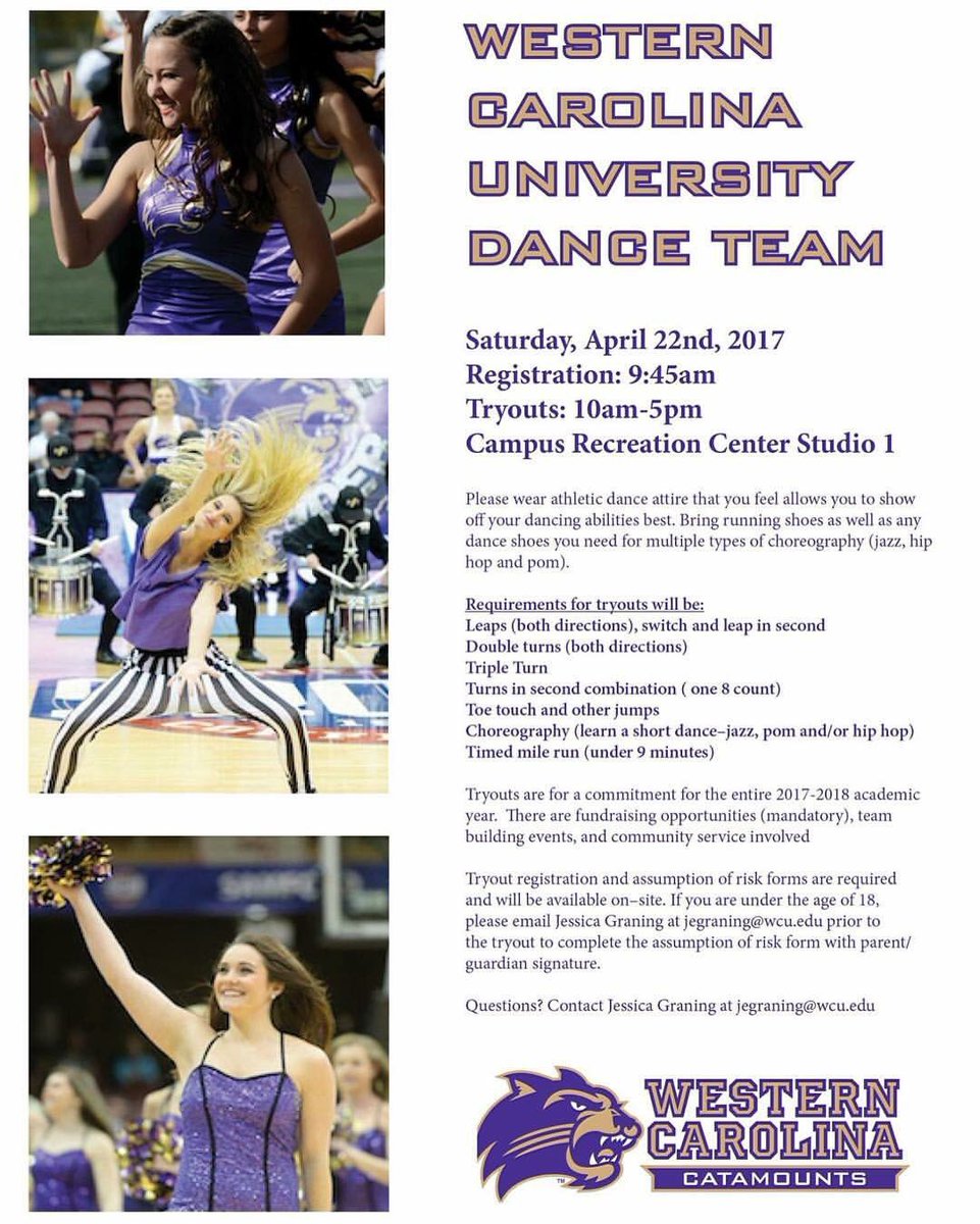 Tryouts to be a part of the WCU Dance Team are THIS SATURDAY April 22nd!! It is truly and amazing experience! 💜💛