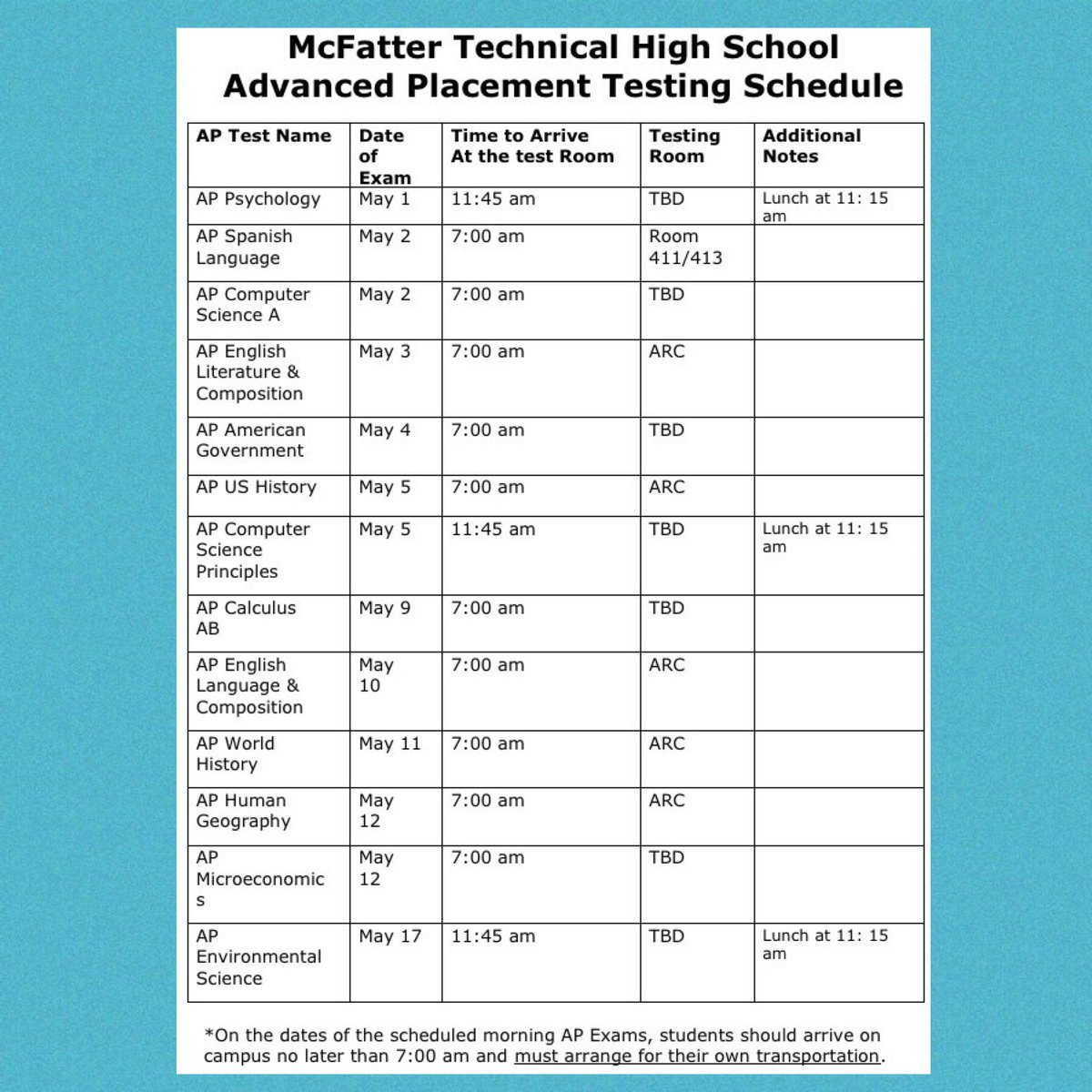 McFatter_Tech's tweet photo. MTHS AP Exam schedule #studystudy #APexams #mcfattertechnicalhighschool Print schedule here- https://t.co/A59Uz9y4xr https://t.co/iRedAF7otW