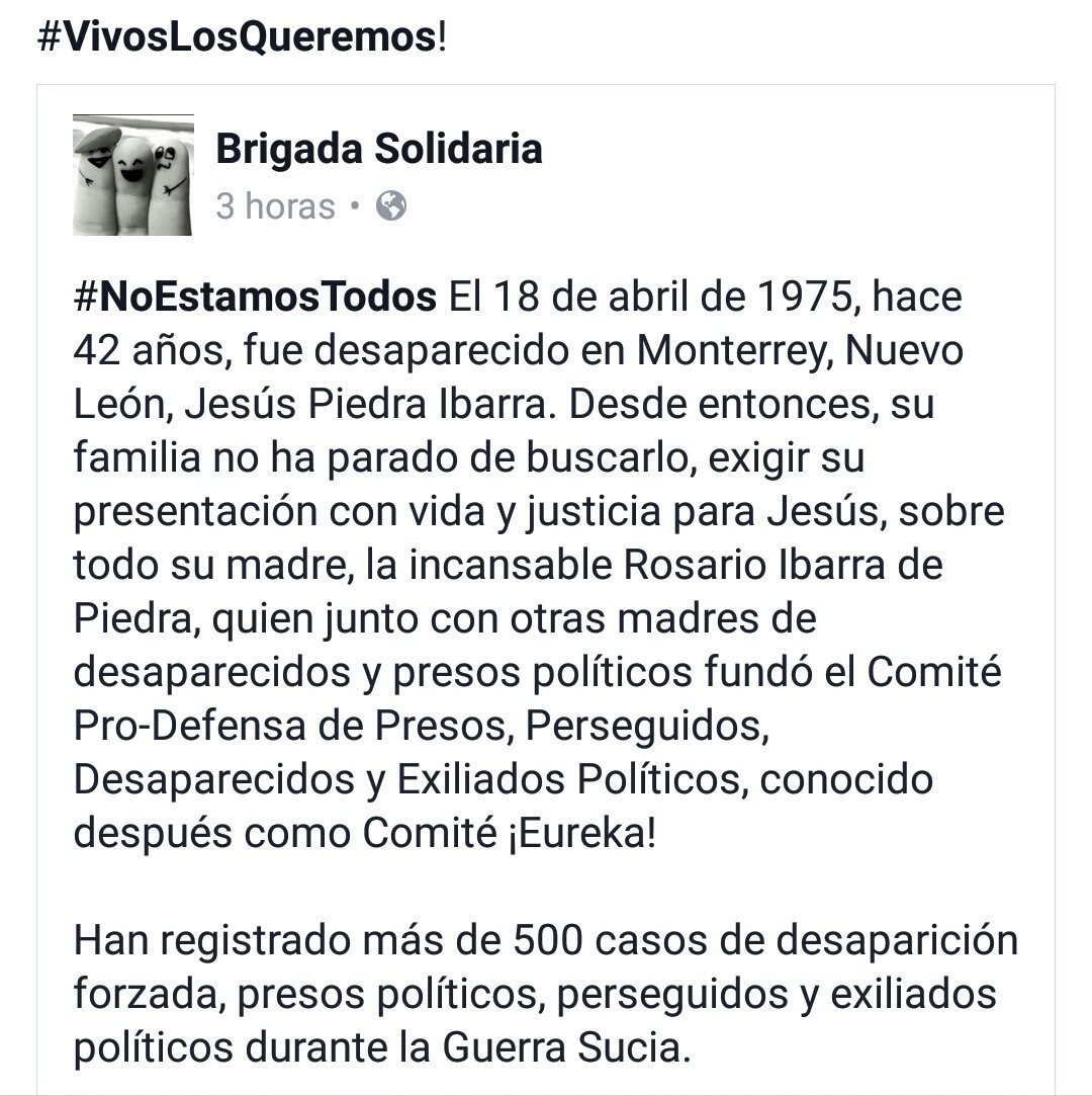 compabrigada's tweet photo. Nos hace falta Jesús Piedra Ibarra
Más de 43, más de 500, más de 28mil. 
#NosFaltanTodos! https://t.co/GSrxf0z5pf
