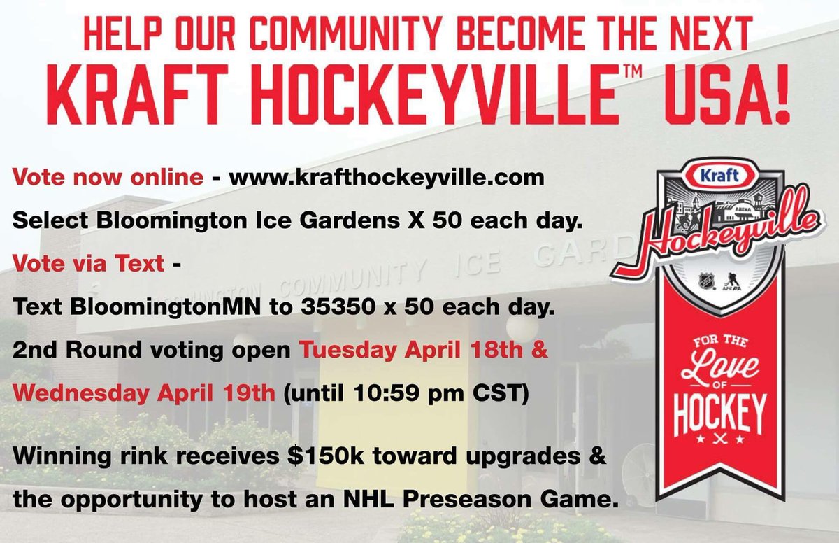 JeffPeeWeeA's tweet photo. Voting has started!  Please help spread the word and support B.I.G in Bloomington, MN. @Buccigross @6ErikJohnson @NHLBarryMelrose https://t.co/DiKOSQGT2N