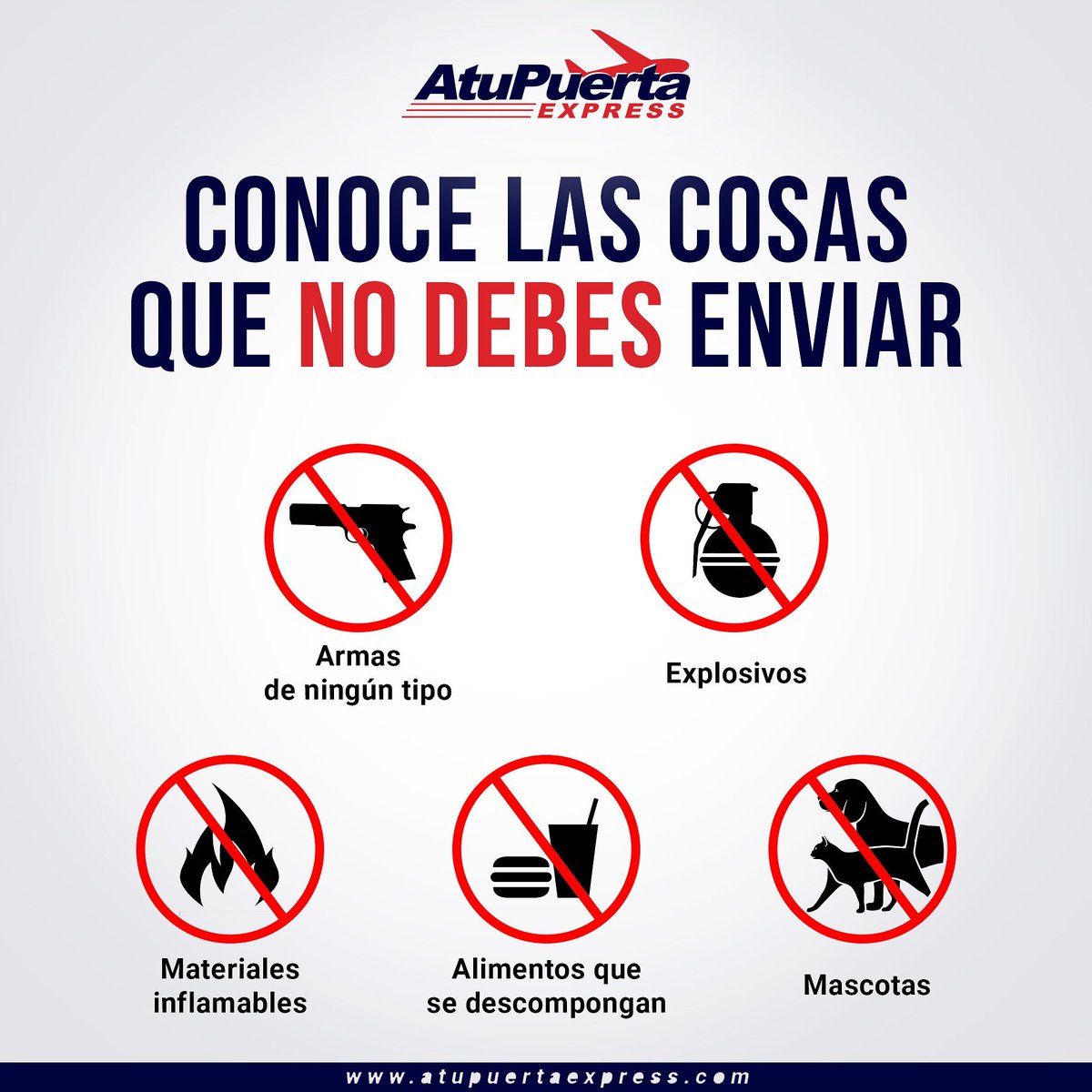 ATuPuertaExpres's tweet photo. Nos esmeramos en brindarte la mejor atención y te evitamos contratiempos.Te presentamos las cosas que no puedes enviar vía aérea o marítima. https://t.co/hUjR30BRqQ