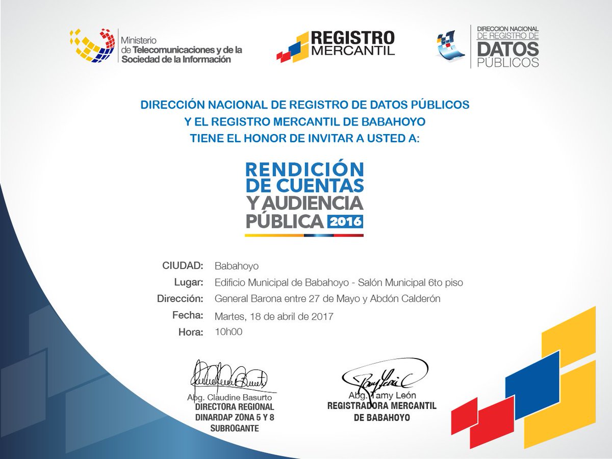 DinarpEc's tweet photo. [Invitación]: Rendición de Cuentas Dinardap 2016 - Registro Mercantil de Babahoyo #RevoluciónRegistral #RMB2016 https://t.co/u1QSZgJ9h1