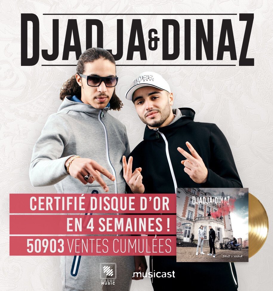 Musicast's tweet photo. Félicitations à @DjadjaDinaz pour leur disque d'or avec l'album #DansLarène 📀! #Musicast #Carré-Music https://t.co/TyvW1eokPH