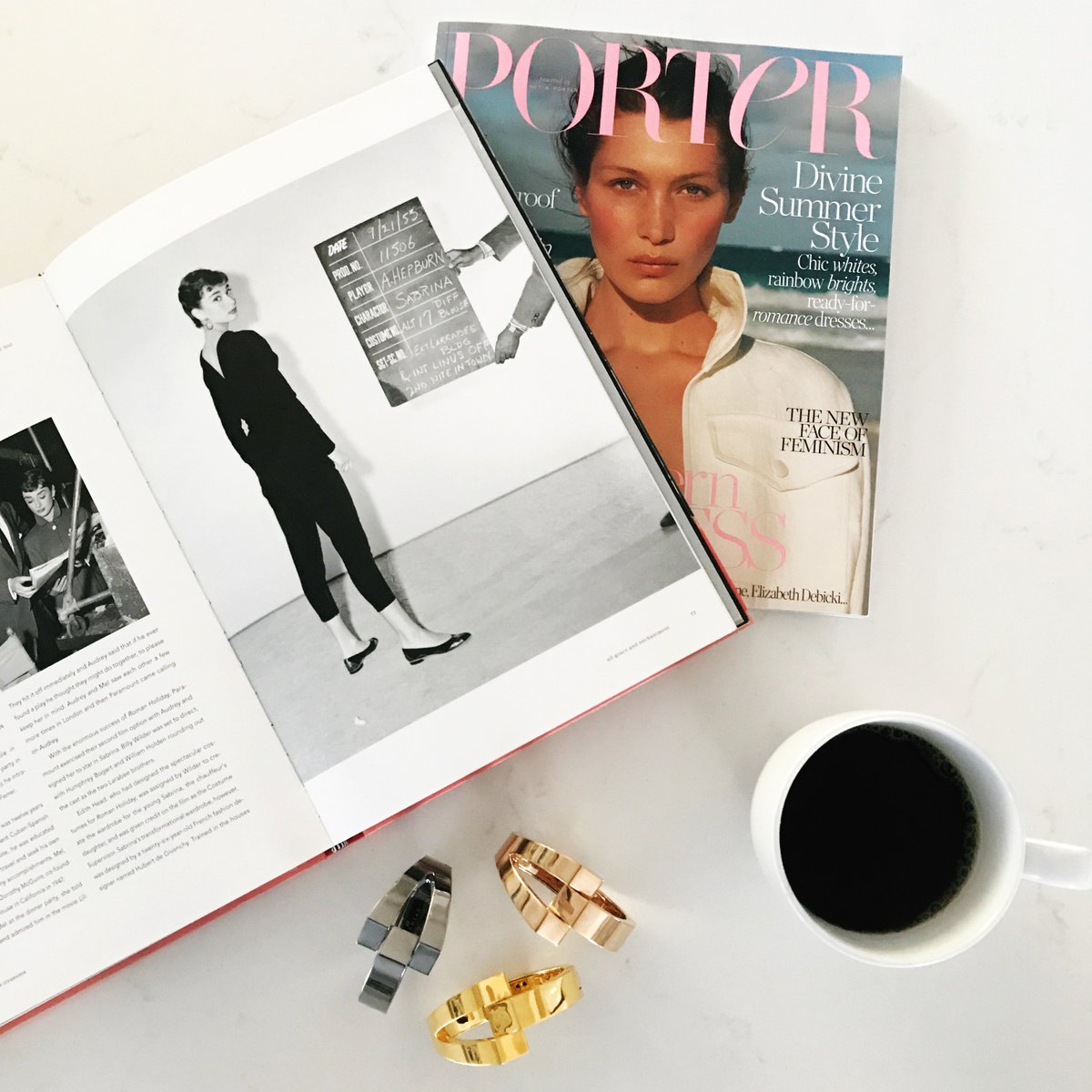 WiseWear's tweet photo. Channeling some inspiration from the iconic Audrey Hepburn while we enjoy our coffee ☺️☕️ Who is your favorite icon? 💕 #SocialiteCollection https://t.co/74DiuXceKd