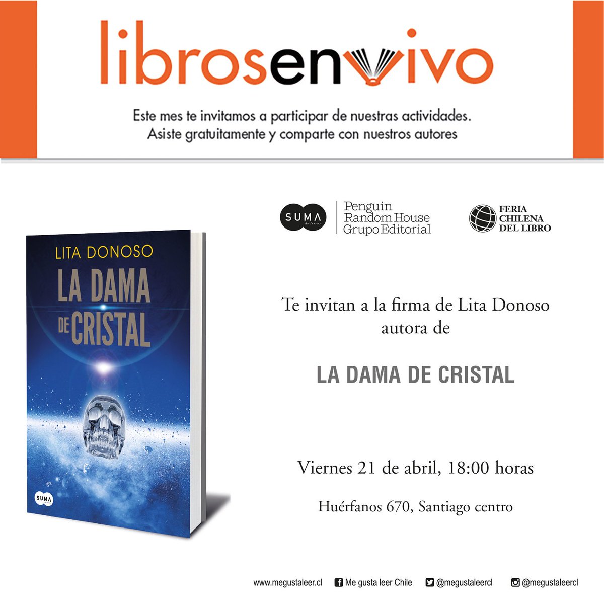 penguinlibroscl's tweet photo. En el #MesDelLibro, te invitamos a las firmas de @litadonoso1 @bookRebolledo y #Americavi este 21 de abril en @LeeHoyTW y @feriachilena https://t.co/ONY9Yy8rnl