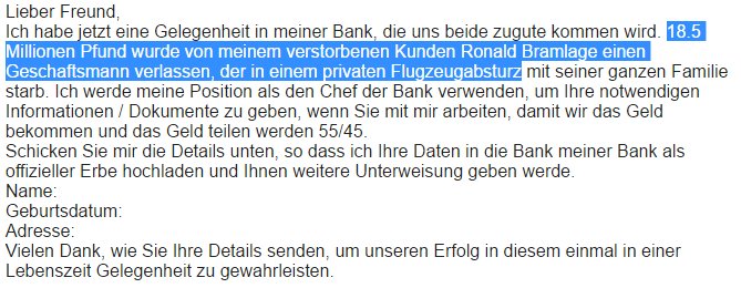 besserleben's tweet photo. Die lustigste #spammail bisher: erst verlässt er seine 18,5 Millionen und dann hat er einen privaten Flugzeugunfall :D tragisch #Spam #Email https://t.co/uwnfUIdCji