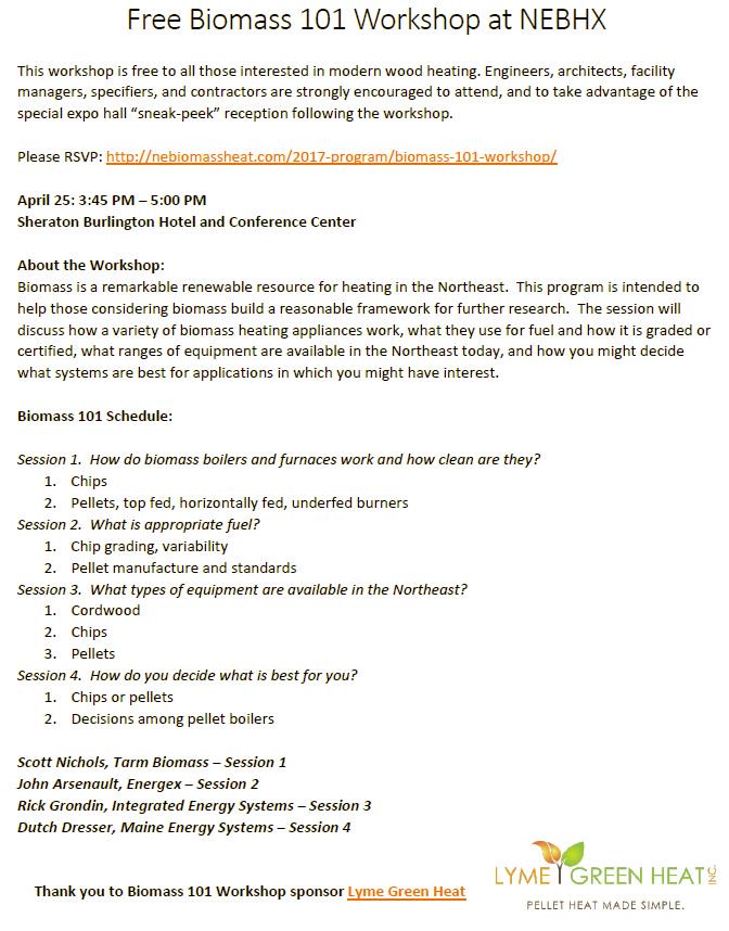 HeatNE's tweet image. Check out the FREE Biomass 101 Workshop at #NEBHX2017- thank you to @LymeGreenHeat for your sponsorship! nebiomassheat.com/2017-program/b…