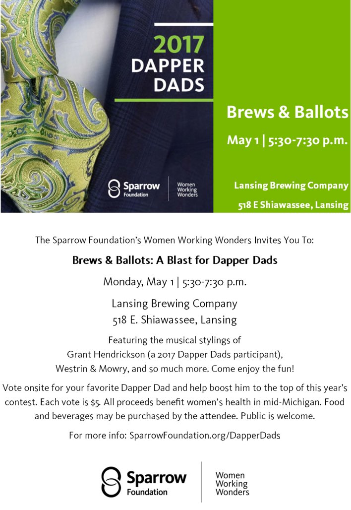 W3DapperDads's tweet photo. Join us in a night of fun, music and prizes @LansingBrews! You can vote onsite and help boost your favorite Dapper Dad. #dapperdads2017 https://t.co/EruTuxrVpw