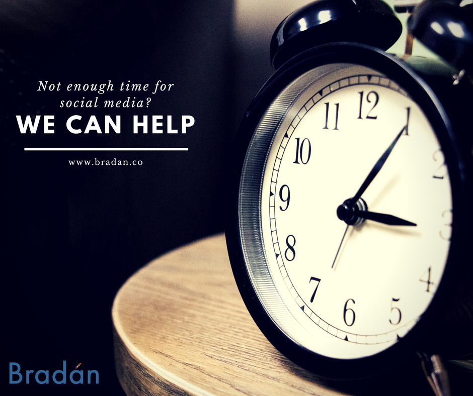 bradan_co's tweet photo. Not enough time to keep up with your social media? Don't worry we can help! #SocialMedia #StrategicMarketing #Time https://t.co/secMU7KsaX