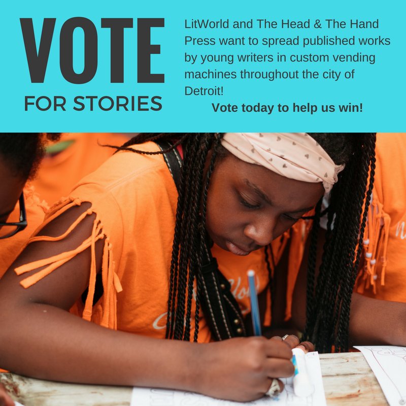 litworldsays's tweet photo. VOTE today to help us publish student writing in custom vending machines with @Head_HandPress and @Detroitk12! https://t.co/akEz4cyff6 https://t.co/PfsiKjOH1P