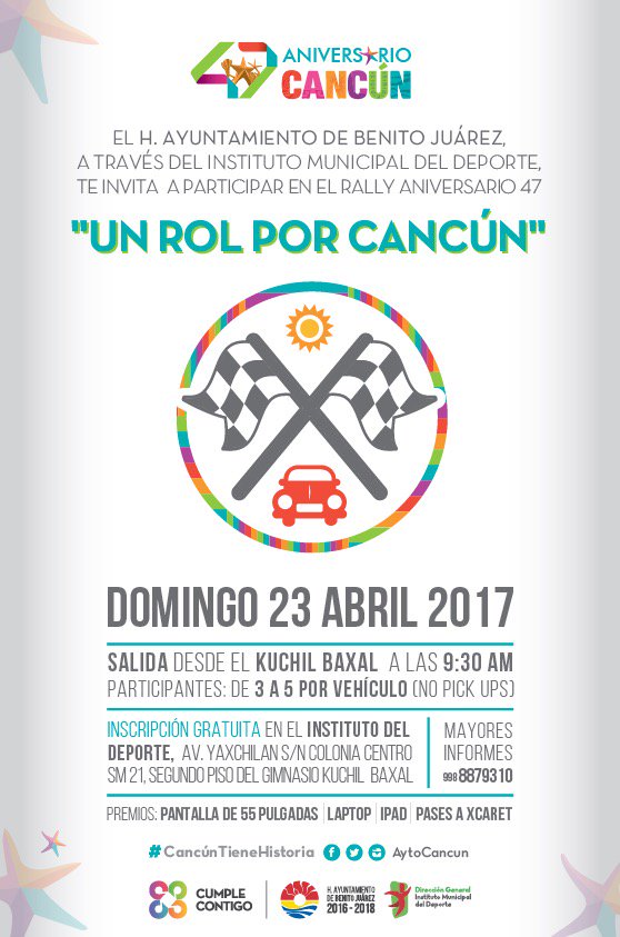 AytoCancun's tweet image. Te invitamos a participar en el Rally #UnRolPorCancún para celebrar el #47AniversarioCancún. ¡No faltes!
#CancúnTieneHistoria