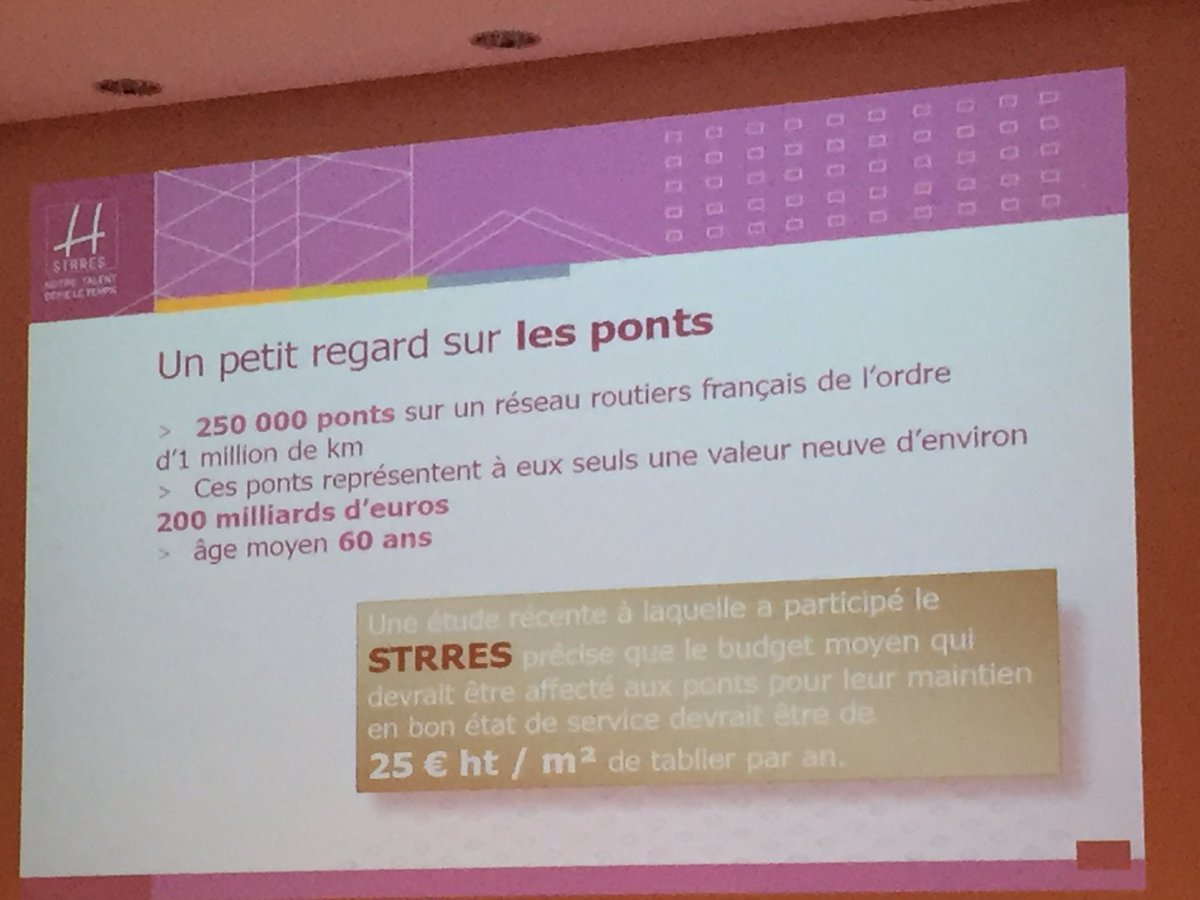 SMABTP's tweet photo. #UniversiteSMA Le budget moyen pour le maintien en bon état des ponts devrait être de 25€ ht par m2 de tablier par an. @Syndicat_STRRES https://t.co/K6GfAlNIyN