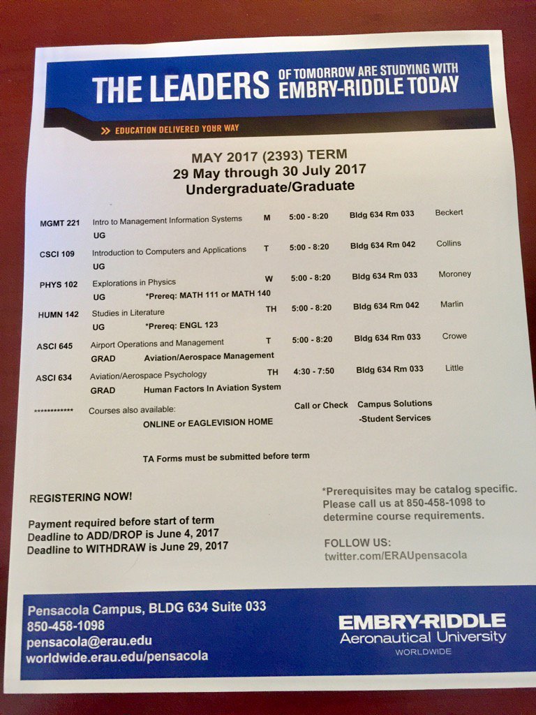 ERAUpensacola's tweet photo. May term is just around the corner and we are registering now! 850-458-1098 https://t.co/Ciuw4DVmxc