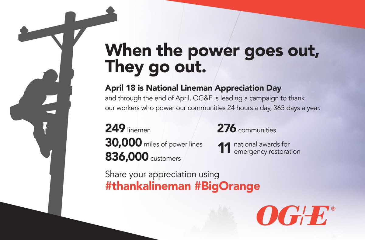 OGandE's tweet photo. It's National Lineman Appreciation Day. A HUGE shout out to our crews who restore power in all kinds of conditions.#thankalineman #BigOrange https://t.co/FQETWoRupY