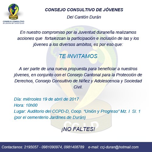 ccj_duran's tweet photo. Te invitamos a ser parte de la presentación del proyecto audiovisual a realizarse en beneficio de nuestra juventud.
#NotiveoTV https://t.co/x0VqxvLadD