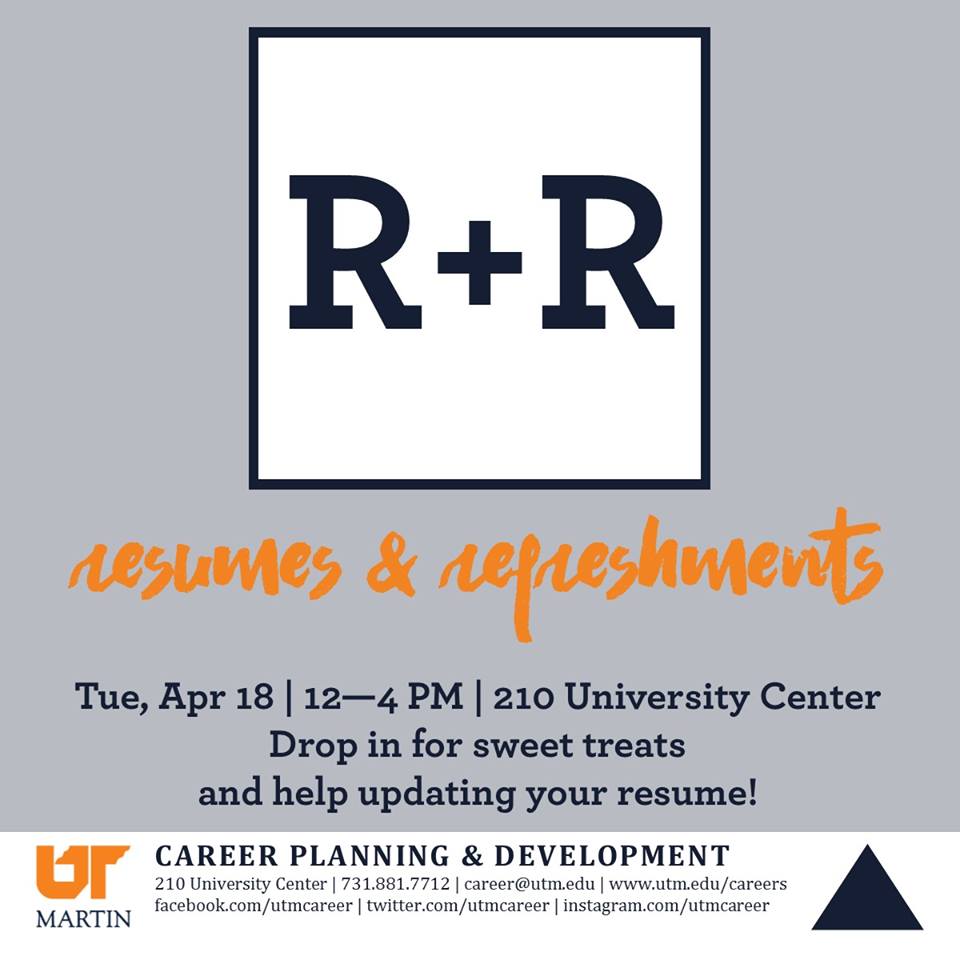 Resumes &amp; Refreshments is going on right now until 4 PM in the UC. Sweet treats &amp; help updating your resume! #pleaseshare #CPAD #careerready