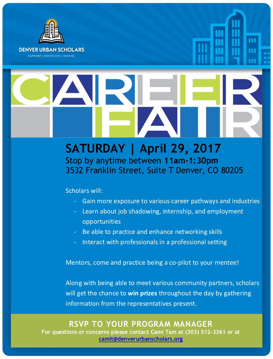 DenverScho's tweet photo. We are happy to announce our community partners exhibiting at the upcoming Denver Urban Scholars Career Fair! https://t.co/f5GHWvT1JZ https://t.co/2jOX0O3OUL