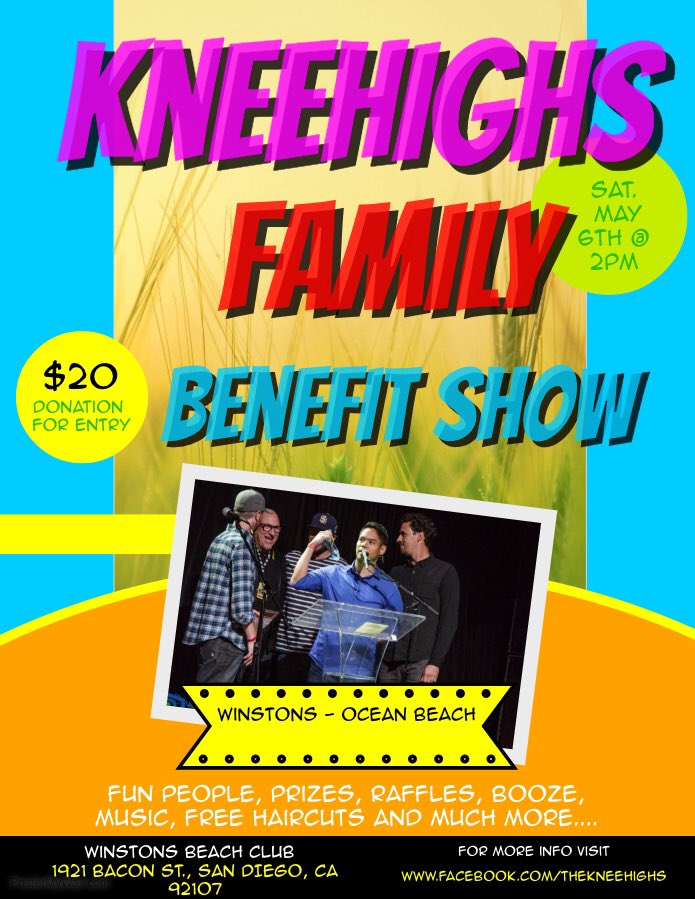 thekneehighs's tweet photo. Our next show, May 6th @WinstonsOB for a daytime benefit rager! Spread the word and let's help our family out! https://t.co/PfybuPK9pW