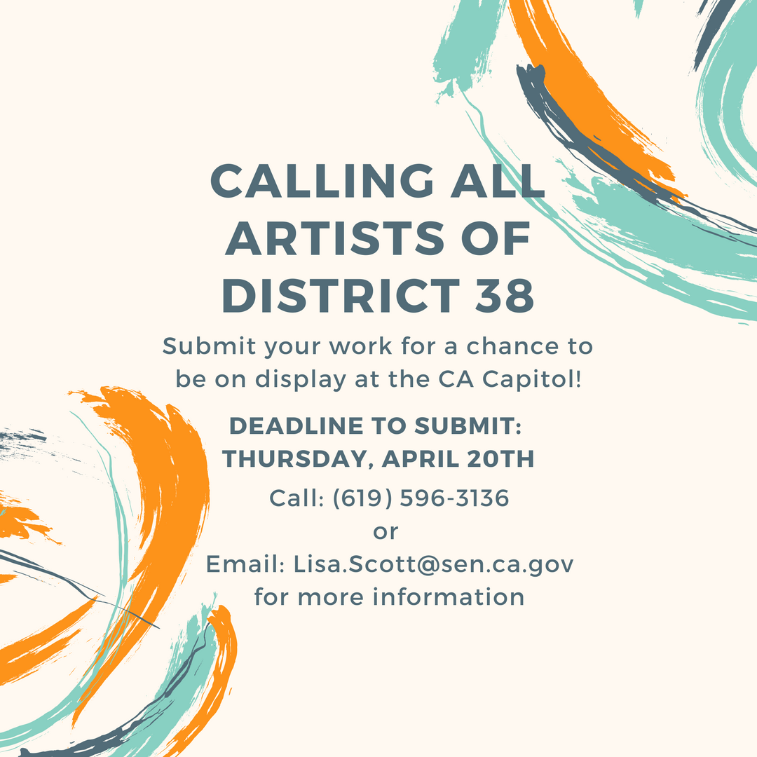 JoelAndersonCA's tweet photo. Last call to submit artwork for a chance to be displayed in the Capitol! Final entries must be submitted by this Thursday, April 20th. https://t.co/c1HRDrcuiu