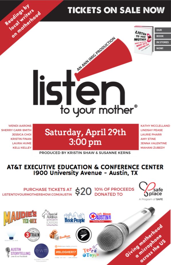 Fewer than 60 tickets left for the #Austin April 29 Listen to Your Mother Show! Buy your tickets now at listentoyourmothershow.com/austin/ #ATX #LTYM