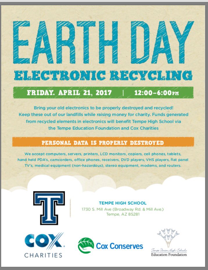 TUHSEF's tweet photo. Celebrate Earth Day &amp; recycle your electronics for FREE at Mountain Pointe High School &amp; Tempe High School Friday April 21st.
@TUHSD_News https://t.co/vuMNpFgKxX