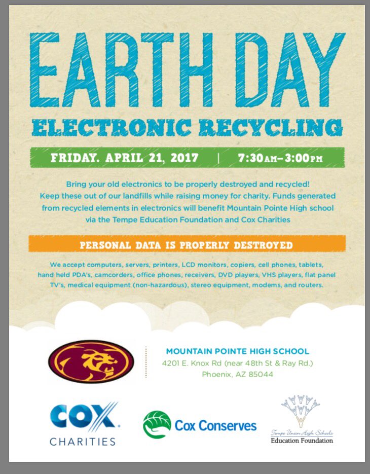 TUHSEF's tweet photo. Celebrate Earth Day &amp; recycle your electronics for FREE at Mountain Pointe High School &amp; Tempe High School Friday April 21st.
@TUHSD_News https://t.co/vuMNpFgKxX