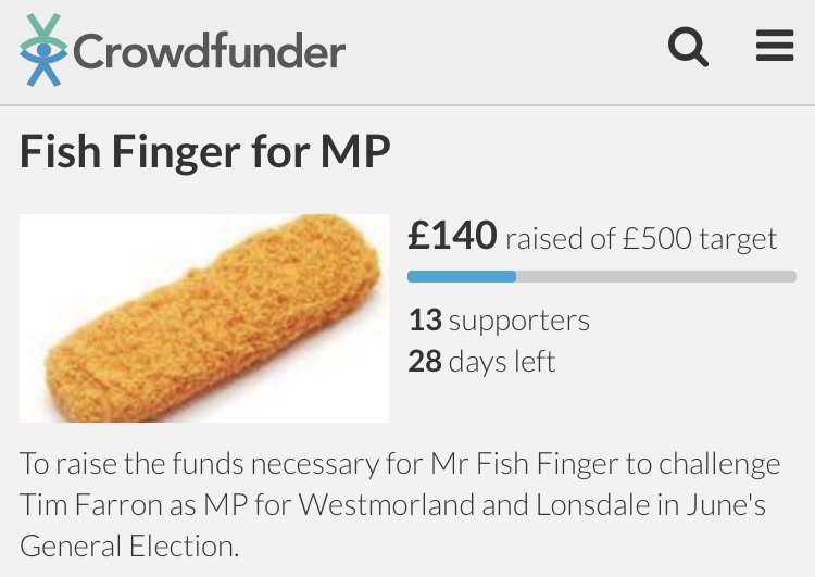 Ben on X: Fish Finger to stand against Tim Farron. Presumably the