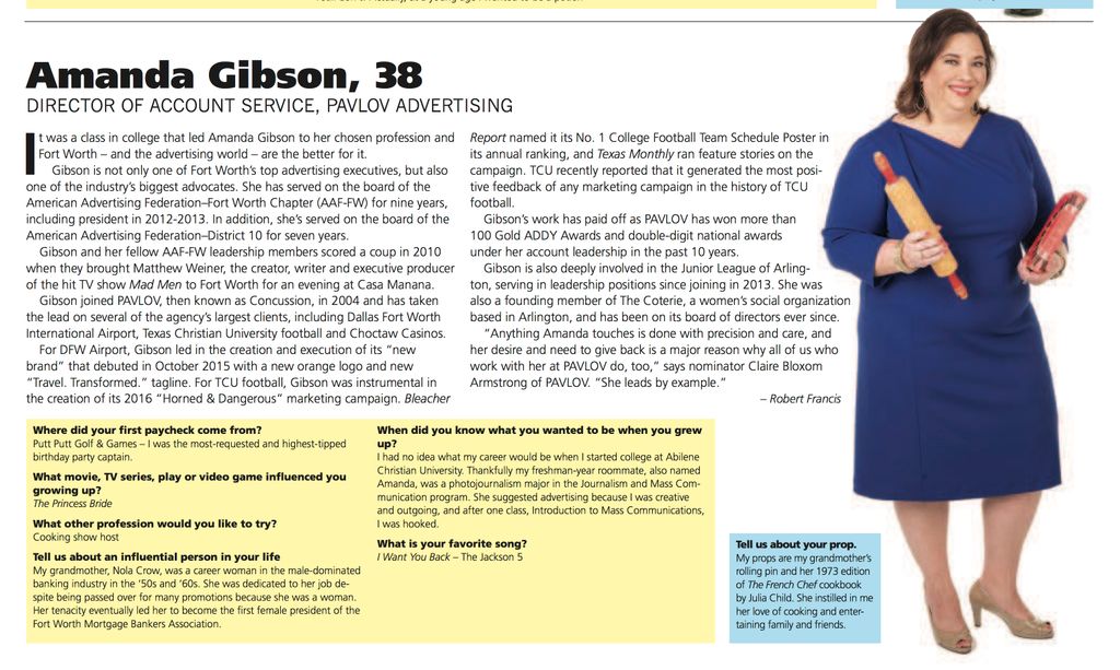 PAVLOV Agency (@pavlovagency) on Twitter photo Have you checked out this week's <a href="/fwbusinesspress/">Fort Worth Business Press</a>? Our Director of Account Service, @amandacgibson, is featured as a #40Under40 honoree! Have you checked out this week's <a href="/fwbusinesspress/">Fort Worth Business Press</a>? Our Director of Account Service, @amandacgibson, is featured as a #40Under40 honoree!