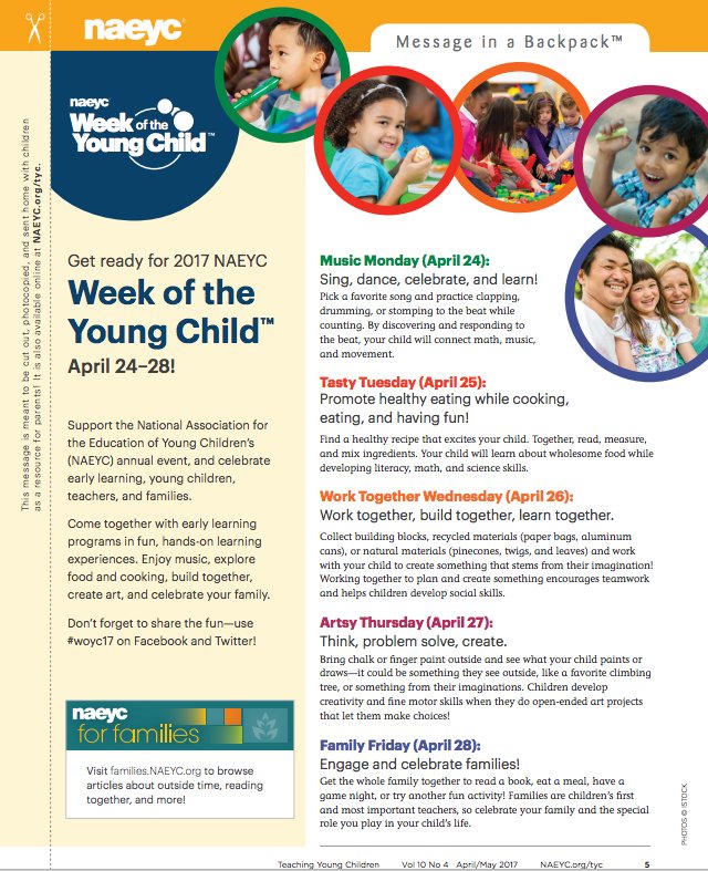 NAEYC's tweet photo. Support NAEYC's annual event, and celebrate early learning, young children,
teachers, and families. https://t.co/KTRfIoJLQS  #woyc17 https://t.co/A4W8Wr3TzW