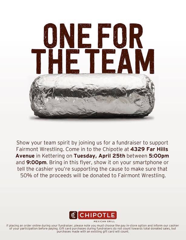FHSWrestling's tweet photo. Exactly 1 week from Chipotle Night on 4/25.  Remember, minimal eating until then followed by a MAX effort that day.  And tell your friends! https://t.co/r2eIdt5MLA