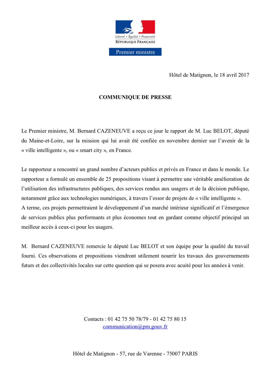 BCazeneuve's tweet photo. [Communiqué] Remise du rapport du député @LucBELOT sur l'avenir de la ville intelligente https://t.co/fI8R7GCi6L
