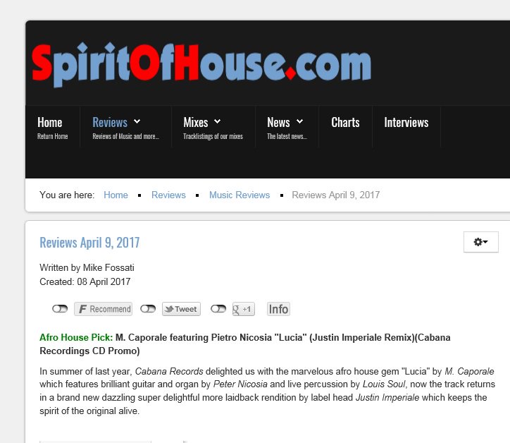 JustinImperiale's tweet photo. Thank you Mike @Spirit_of_House for the wonderful review &amp; afro pick of "Lucia" (Justin Imperiale Remix) https://t.co/Y2SlKpTPWQ https://t.co/wicmnp6tTZ