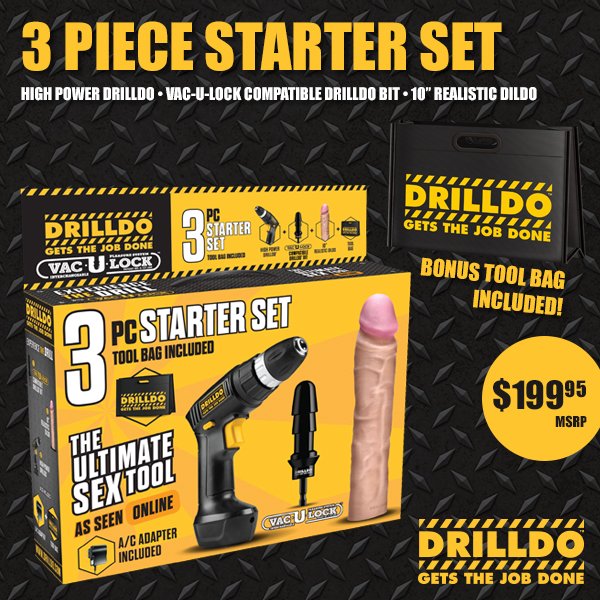 The 3 Pc Starter Set includes a high power #Drilldo w/ AC adapter, custom  Drilldo bit, realistic 10" dildo, & tool bag. #experiencethedrill