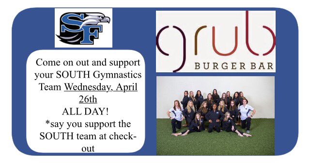 SFHSGymnastics's tweet photo. Come on out Wednesday, April 26 to support your SOUTH girls! https://t.co/xMnYcI9W0d