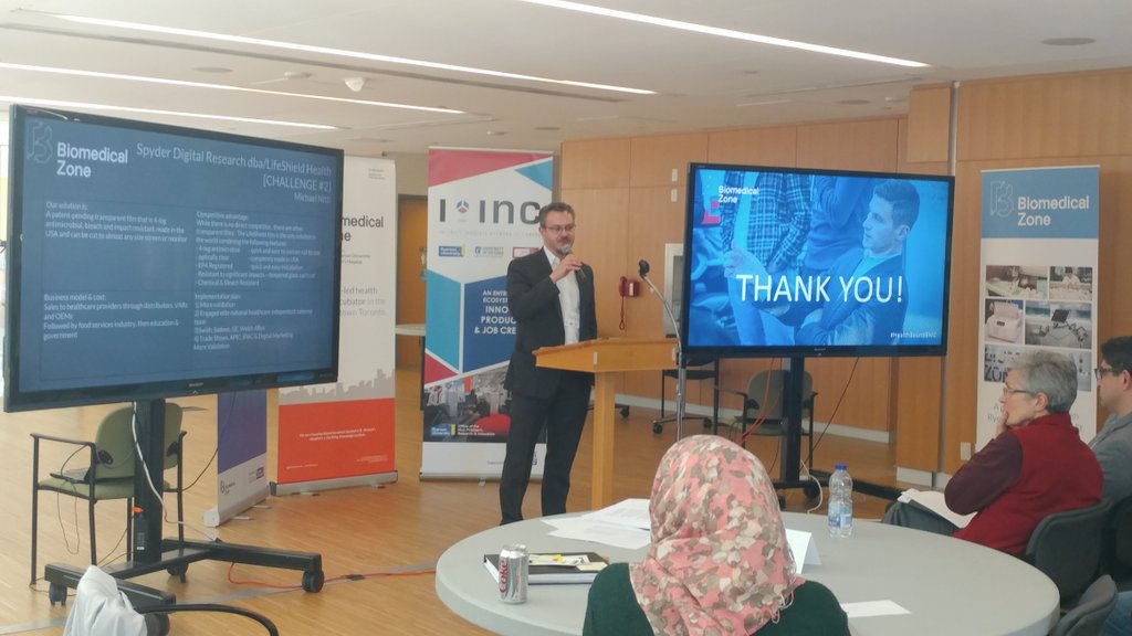 BiomedicalZone's tweet photo. Michael Nitti of @spyderstyle introduces their antimicrobial film, bleach + impact resistant film for screens/monitors! #HealthBoundBMZ! https://t.co/EGdACGWtiE