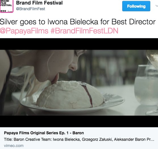 IsaCosovel's tweet photo. 🦌 Silver goes to Iwona Bielecka for Best Director @PapayaFilms #BrandFilmFestLDN #WinningMoment https://t.co/HmO48LZvof