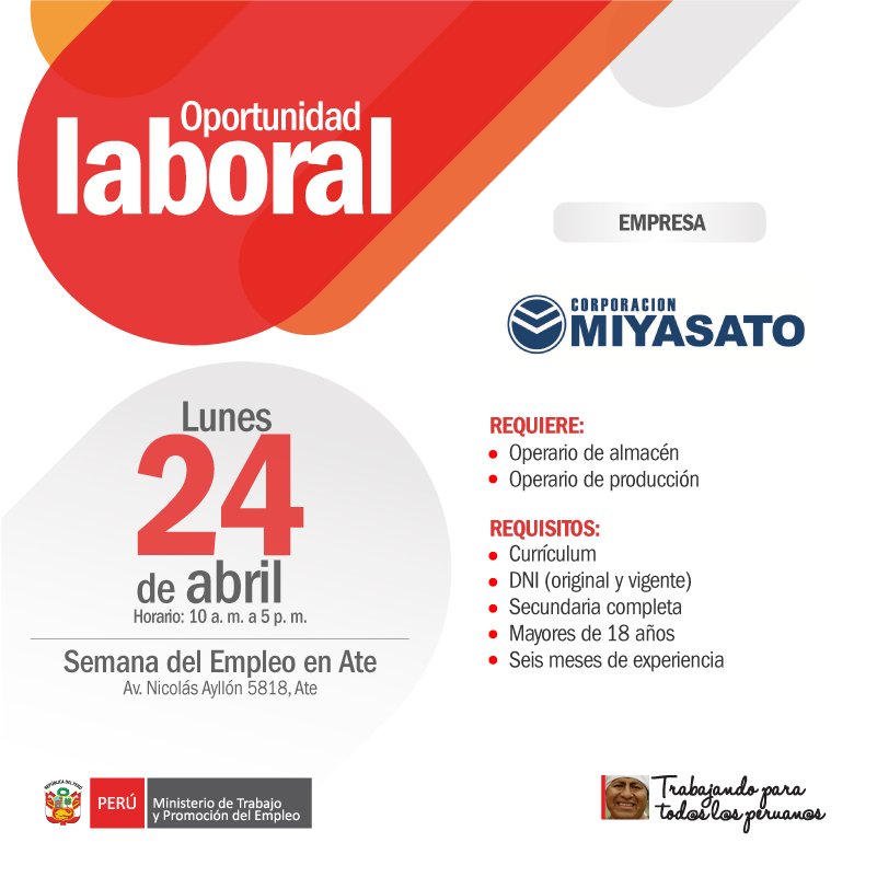 MTPE_Peru's tweet image. #Chamba ¿Buscas trabajo? Conoce algunas de las vacantes que tendremos para ti este 24 de abril en la #SemanaDelEmpleo en Ate.