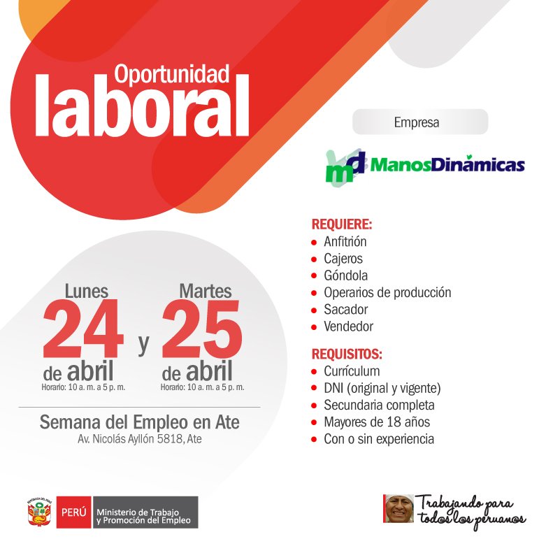 MTPE_Peru's tweet image. #Chamba ¿Buscas trabajo? Conoce algunas de las vacantes que tendremos para ti este 24 de abril en la #SemanaDelEmpleo en Ate.