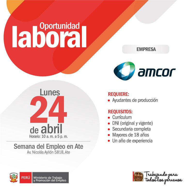MTPE_Peru's tweet image. #Chamba ¿Buscas trabajo? Conoce algunas de las vacantes que tendremos para ti este 24 de abril en la #SemanaDelEmpleo en Ate.