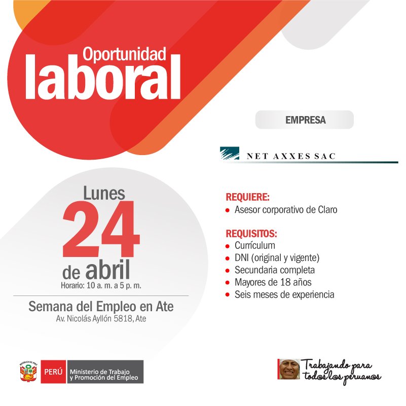 MTPE_Peru's tweet image. #Chamba ¿Buscas trabajo? Conoce algunas de las vacantes que tendremos para ti este 24 de abril en la #SemanaDelEmpleo en Ate.