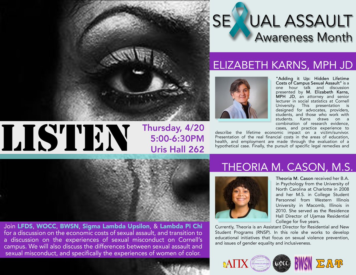 LesFemmesCU's tweet photo. Join us on Thursday, April 20th at 5pm in Uris Hall 262 for a discussion on sexual assault and misconduct, specifically in regard to WOC 💜 https://t.co/ZB1f2qhtYY