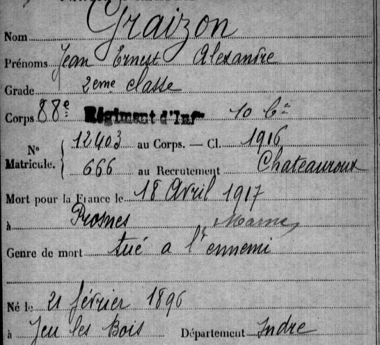 PoloS111's tweet photo. #1J1P 18 avril 1917 : GRAIZON Jean de #JeuLesBois #Indre sdt 2e cl au 88e RI Classe 1916 #MPLF à #Prosnes #Marne https://t.co/0eW3q1GIku