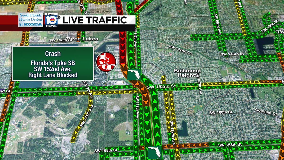 CRASH: Florida's Tpke SB & SW 152nd Ave. A right lane is blocked & delays stretch back to Kendall Dr #TRAFFIC #MIAMI https://t.co/W3UL8KsEGR