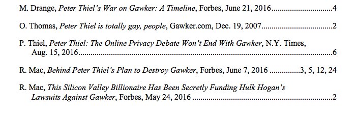 RMac18's tweet photo. 12/ Gawker's 1st motion cited 2 Forbes stories, 2 NYT stories, 1 NYT op-ed and 1 Gawker piece. None said Thiel hoped to profit on #hulkvgawk https://t.co/KGWHiFhZZ5