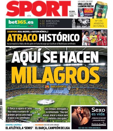 el10blaugrana's tweet photo. La portada del diario Sport de mañana... AQUÍ SE HACEN MILAGROS. https://t.co/wNTI7S8r9B