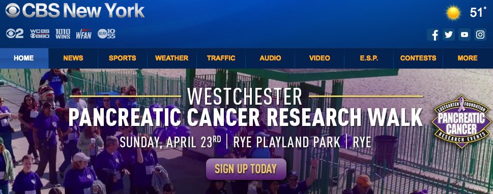 WestchestPCWalk's tweet photo. TY @CBSNewYork for showcasing @lustgartenfdn 's #westchester #PancreaticCancer #walktocurepc on the homepage today!#lustgarten #cure #cancer https://t.co/hKrX2Yvn0m